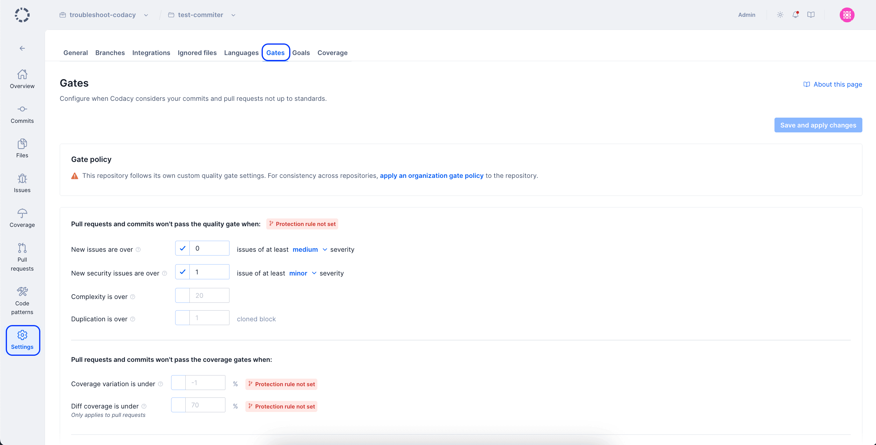 Adjusting the quality gates